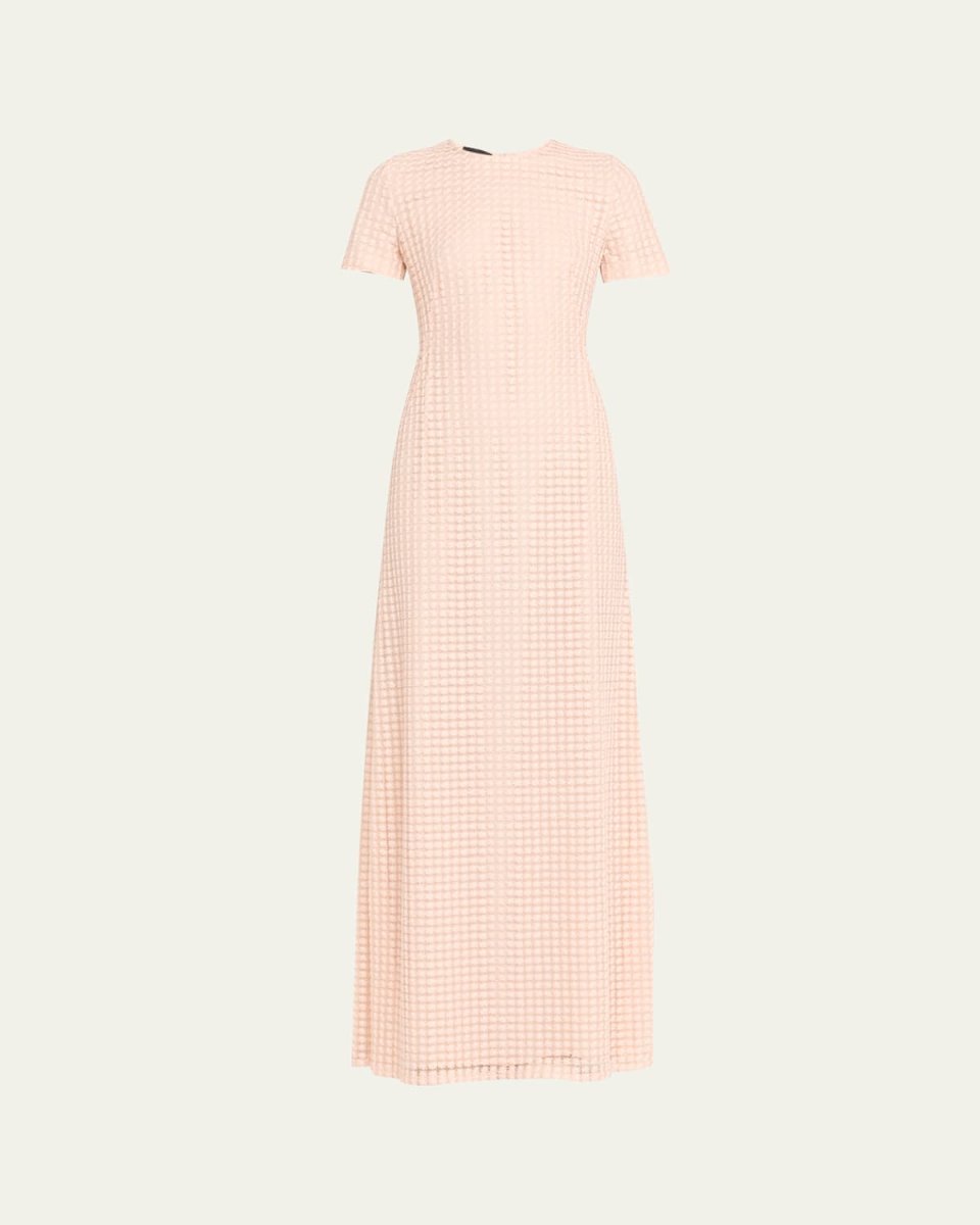 Flower Grid Embroidered Gown with Back Godet